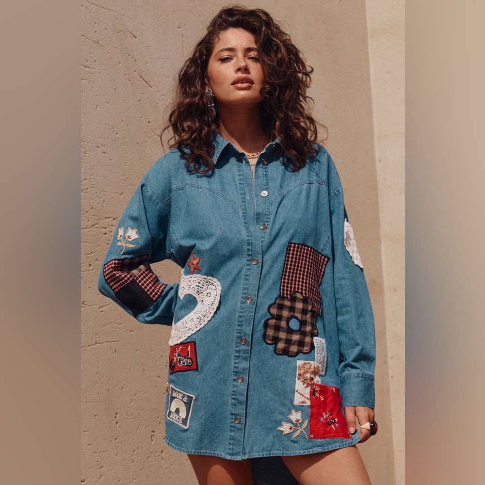 Spell Bombshell Patchwork Denim Shirt with Heart … - image 2